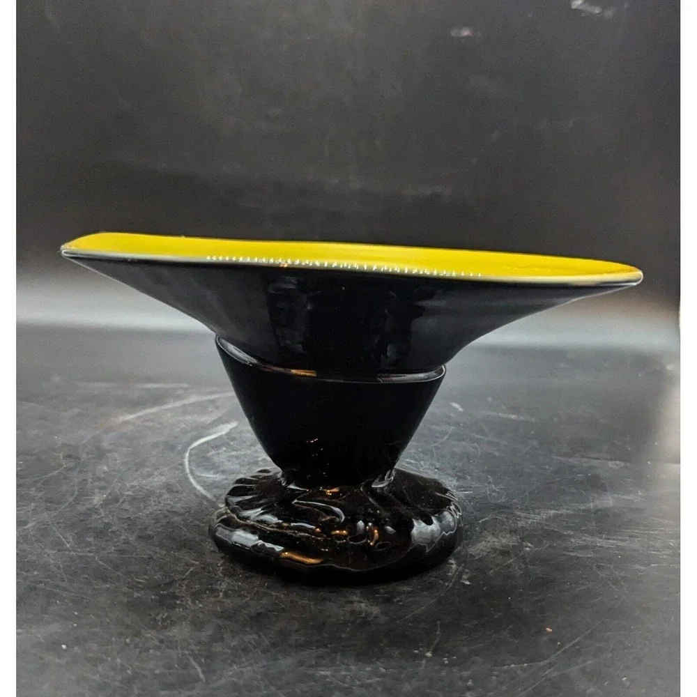 Vintage Bohemian Tango Glass Yellow Black Footed Bowl Compote 6.75